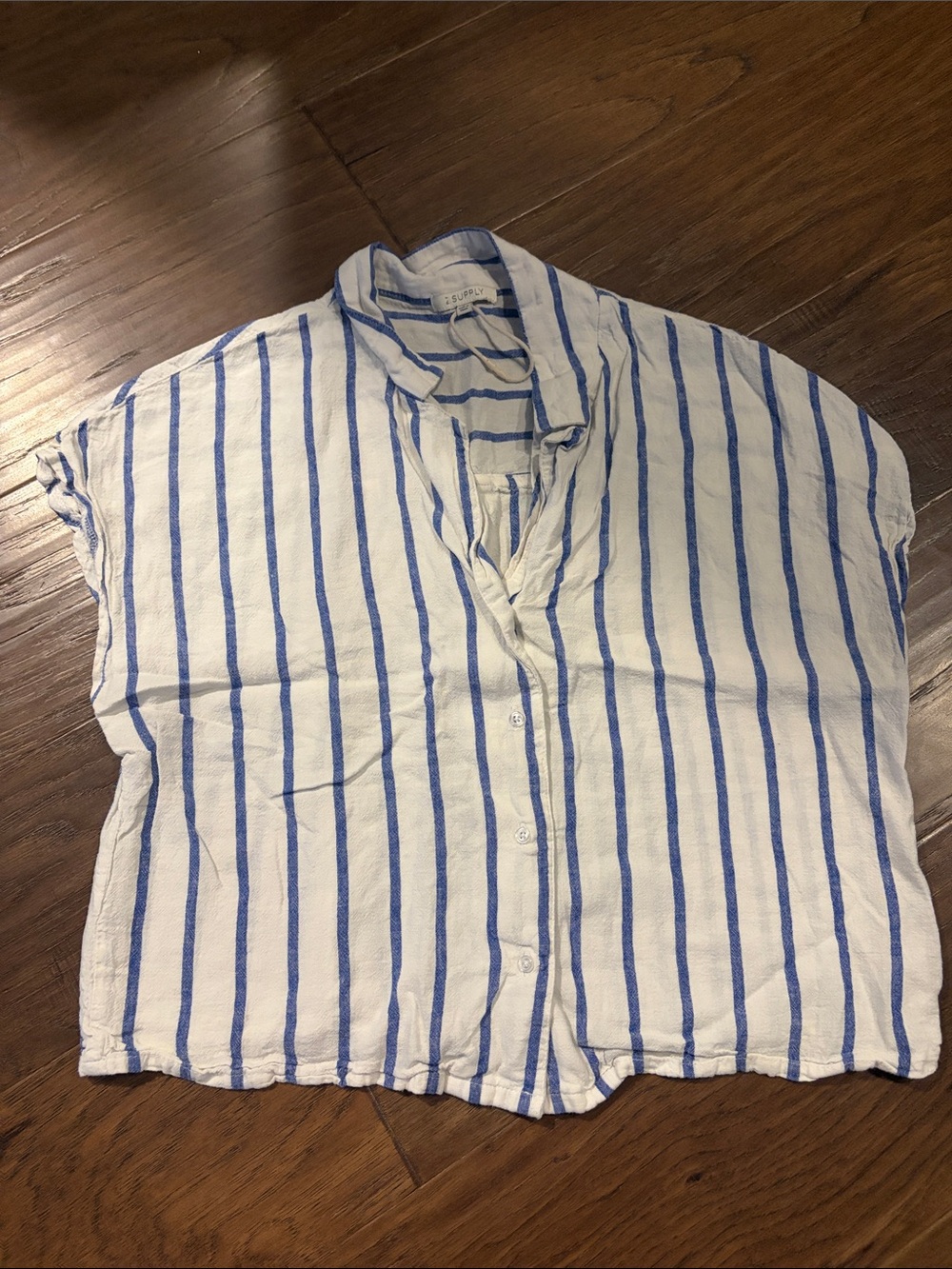 Z Supply White Button-Down Shirt with Blue Vertical Stripes